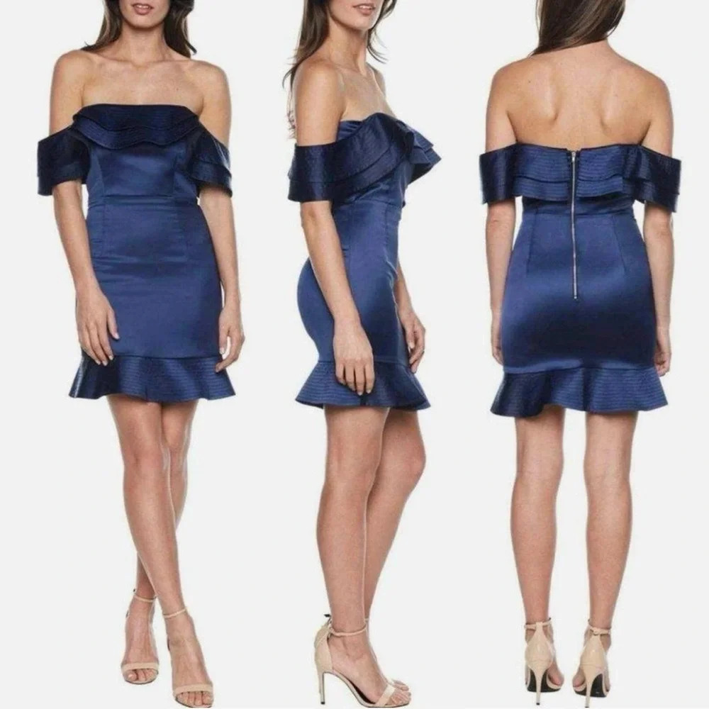 Bardot Blue Athena Frill Off The Shoulder Mini Dress